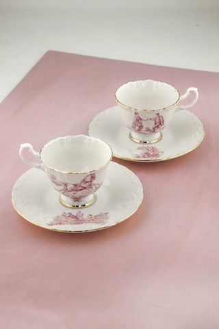 Altın Yaldızlı Gül Kurusu İngiliz Desen 2 Kişilik Kahve Fincan Takımı Beyaz