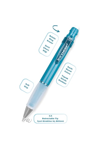 Serve Deep Versatil Kalem 05mm- Toprak Tonları - Yedekli Set Grip Ve Silgi Okyanus Mavi Okyanus Mavi