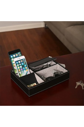 Qingmipy Deri Çok Bölmeli Aksesuar Organizatörü - Cüzdan, Takı, Anahtar Saklama Tepsisi Siyah