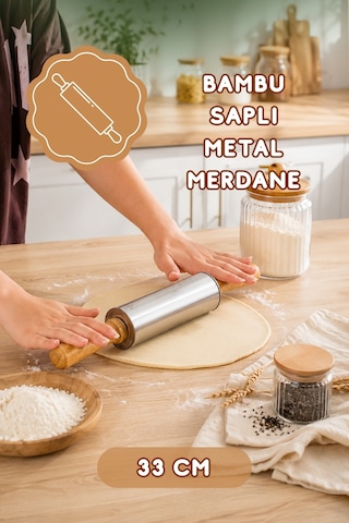 Porsima Mnb05771 Ahşap Saplı Paslanmaz Çelik Merdana Oklava Hamur Pizza Börek Açma Oklava 33cm
