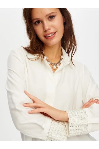 Faik Sönmez Kolları Boncuk Payet İşli Şık Kadın Gömlek W26gml011 Ekru