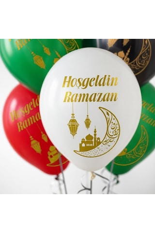 Ramazan Temalı 10'lu 12 İnç Baskılı Karışık Renk Lateks Balon Çok Renkli