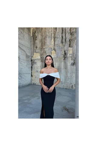 DefyModa Kadın Özgün Tasarım Esnek Krep Kumaş Straplez Taş Detaylı Abiye Elbise Siyah