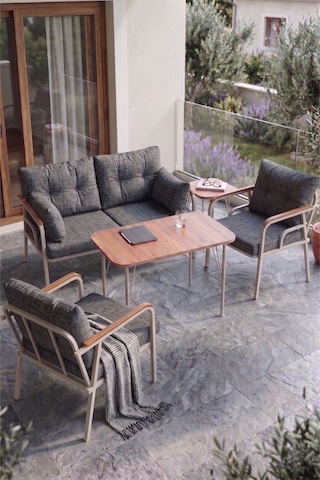 Ekon Serisi 1. Sınf 2+1+1 Ve 1 Adet Orta Sehpa 2 Yastıklı Cappucino İskeletli Bahçe Balkon Oturma Koltuk Takımı Cappucino İskelet Gri Minder