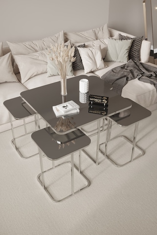 4+1 Gümüş Kaplam Füme Ayna Radüslü Orta Sehpa