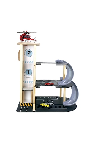Ahşap Asansörlü Otopark - Üç Katlı Garaj Seti - Hotwheels Garaj Seti - Otopak Seti - Kaydıraklı Gara