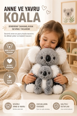 26 Cm Gri Anne Ve Yavru Koala Peluş Oyuncak Yumuşak Dekoratif Çocuk Odası Uyku Arkadaşı