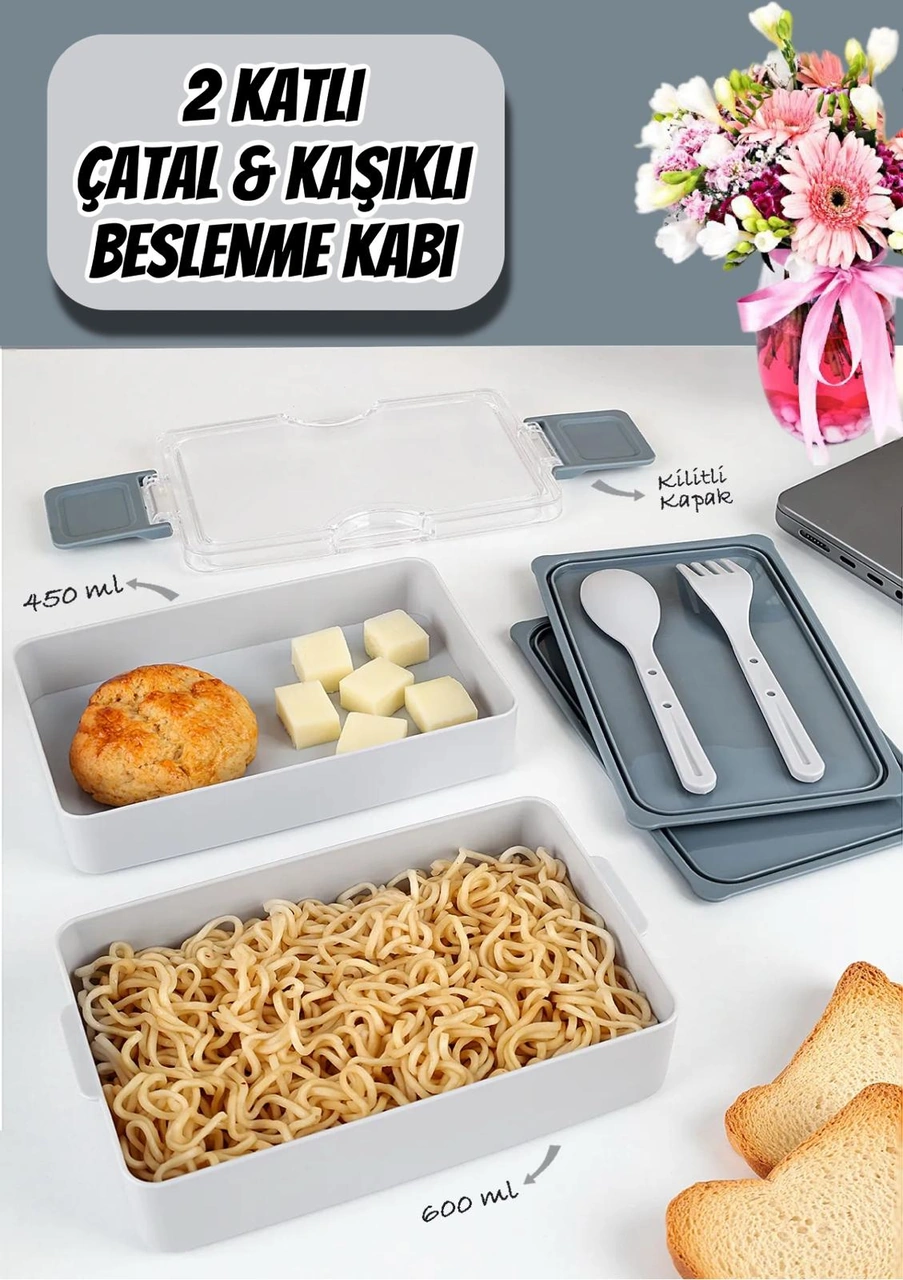 Dikdörtgen İki Katlı Gri Renk Beslenme Kutusu Saklama Kutusu Gri