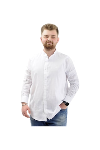 Mode Xl Büyük Beden Erkek Gömlek Uzun Kol Likralı Keten Gömlek U20385 Beyaz Beyaz