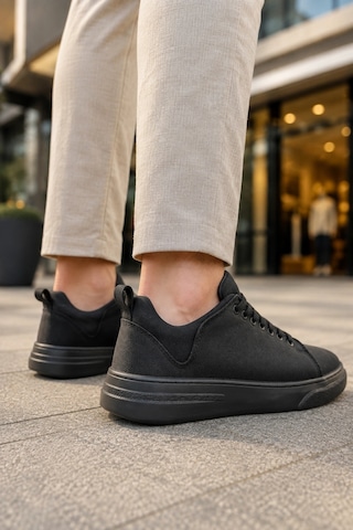 Mevese Ont Bağcıklı Keten Dokulu Hafif Taban Erkek Günlük Casual Sneaker Ayakkabı - Siyah