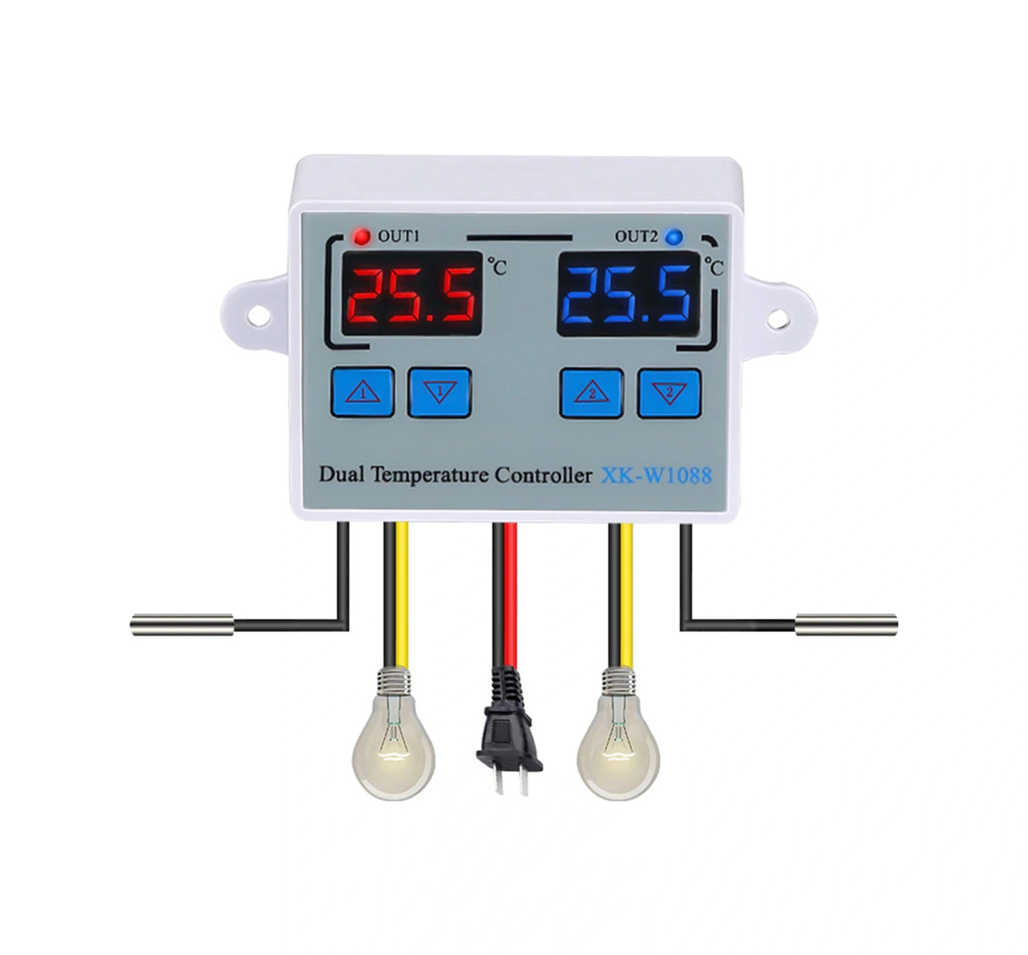 Skycity Xk-w1088 Akıllı Dijital Çift Kontrol Sıcaklık Regülatörü, Çift Ekranlı, Ayarlanabilir, Ac110-220v, 10a Röle, Su Geçirmez Sensörlü