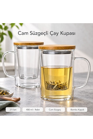 2 Li Cam Süzgeçli Bambu Kapaklı Borosilikat Kupa 400 Ml Kulplu Bitki Çayı Demleme Ve Sunum Bardağı Şeffaf