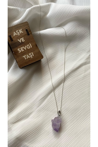 İlknur Doğal Taş Evi Ahşap Kutulu Ametist Gümüş Kolye