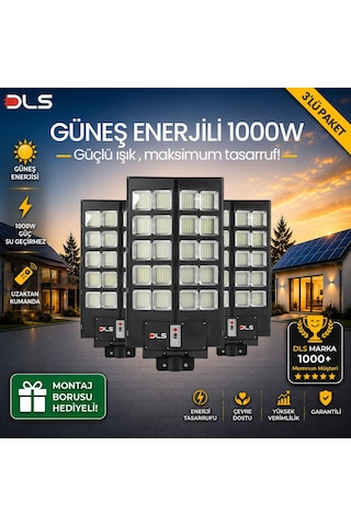 3'lü Paket Dls 1000w Güneş Enerjili Solar Sokak Lambası Hareket Sensörlü Led Bahçe Aydınlatması