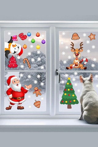 Yılbaşı Sticker Noel Baba Penguen Geyik Yılbaşı Ağacı ve Kar Taneleri