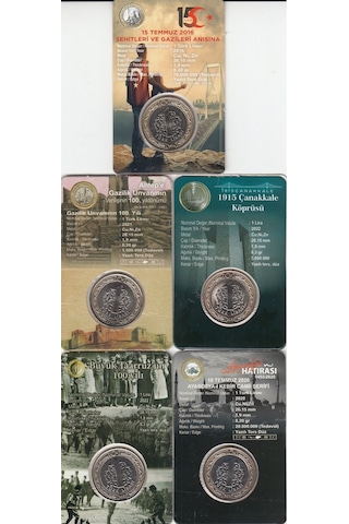 5''li Hatıra 1 Lira Para Kiti Seti, Ayasofya, Antep, Çanakkale, 15 Temmuz, Büyük Taaruz "çil"