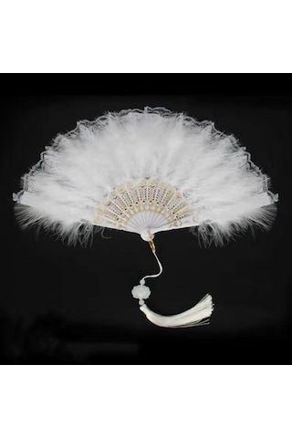 Yaozixa Kumaş Ve Tüy Dekorlu Plastik El Fanı, Ev Ve Özel Renkler, Geniş Kullanim Alanı 42x24cm