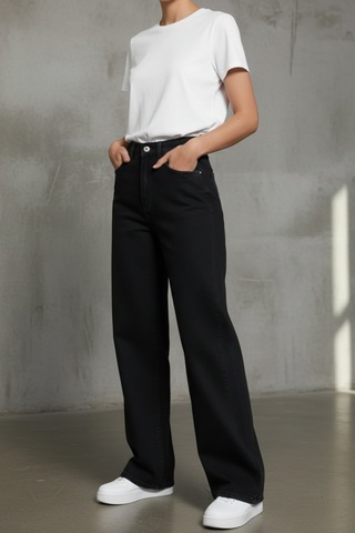 Woddi Heaven Kadın Yüksek Bel Siyah Salaş Wide Leg Jeans Geniş Paça Palazzo Kot Pantolon