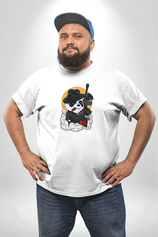 Angemiel Gangster Panda Beyaz Büyük Beden Kadın Erkek Ünisex Basic Ön Baskılı Tişört Beyaz