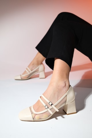 Luvishoes Scots Krem Kadın Kalın Topuklu Ayakkabı Krem