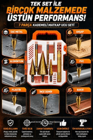 7 Parça Kademeli Matkap Ucu Seti Titanyum Kaplama Hss Sac Metal Ahşap Plastik Delici Uç Seti