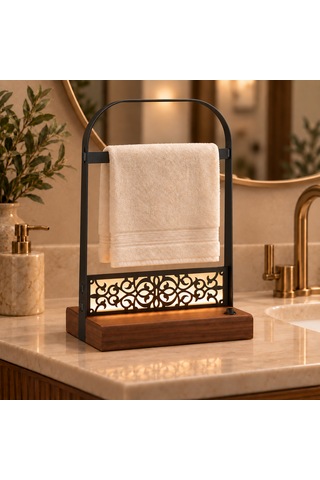 Pilli Led Işıklı El Havluluğu, Ahşap Tabanlı Ayaklı Banyo Havlu Standı Siyah