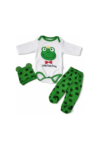 Kurbağa Desenli Erkek Bebek 3 Lü Takım Uzun Kollu Çıtçıtlı Body, Patikli Pantolon Ve Şapka Set Yeşil
