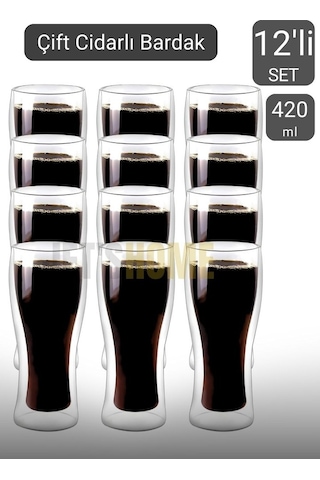 12 Li Set Bira Bardağı Kahve Bardağı Çift Cidarlı Bardak Meşrubat Bardağı 420 Ml Şeffaf