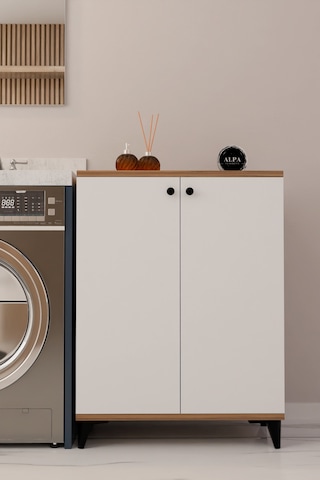 Çok Amaçlı Banyo & Çamaşır Odası Dolabı, Ayarlanabilir Raflı, Kapaklı Modern Banyo Dolabı Atlantik Çam - Beyaz