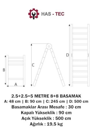 Teleskopik Merdiven A Tipi Uzayan 5 Metre 8+8 Basamaklı Alüminyum