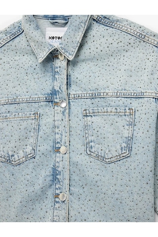 Koton Cep Detaylı Düğmeli Klasik Yaka Taşlı Denim Açık İndigo Kadın Ceket 6wal50002md Açık Indigo