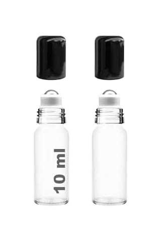 Afracam 10 Ml Çelik Roll On Şişesi 10 Cc Sızdırmaz Siyah Kapaklı Cam Şişe 2 Adet Şeffaf, 10