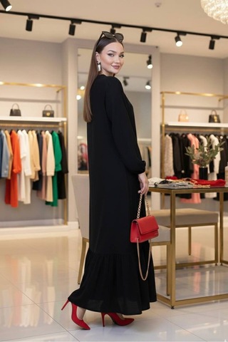 Polologin Butik Bisiklet Yaka Büzgülü Maxi Boy Siyah Elbise - Volanlı Etek Detaylı Siyah