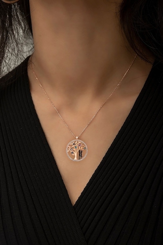 Kadın Hayat Ağacı Renkli Nano Zirkon Taşlı Rose Gold Kaplama 925 Ayar Gümüş Kolye