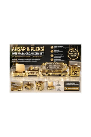 Pleksi Ve Ahşap Birleşim Gold Kişiye Özel Ofis Masa Organizer Seti Kalemlik,kartvizit,kağıtlık, İsimlik Ve Masaüstü Düzenleyici Altın