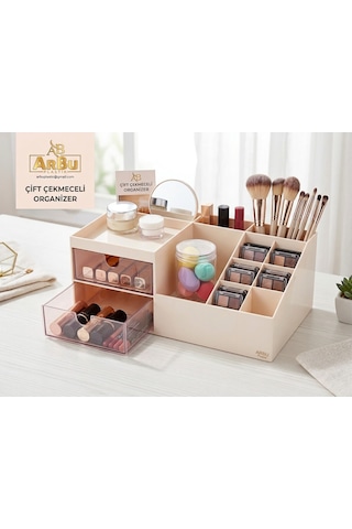 Arbu Çift Çekmeceli Takı Makyaj Organizer Ekru