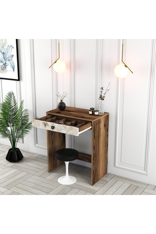 Lizbon Mini Makyaj Masası - Ceviz / Beyaz Mermer