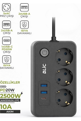 Blic Ftr-02 Akım Korumalı 3lü Grup Priz - 2500w, 20w Pd Usb-c Ve 2x Usb-a Hızlı Şarj, 2 Metre 0.2 M