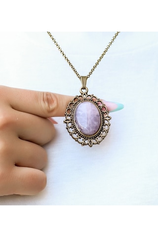 Doğal Taş Pembe Kuvars Doğal Taşlı Otantik Kadın Kolye 45 Cm Zincirli Euk13pk