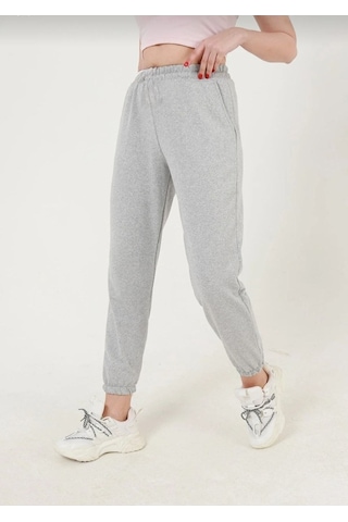 Düz Basic Eşofman Altı Jogger - Gri Lastik Paça Yüksel Bel Gri