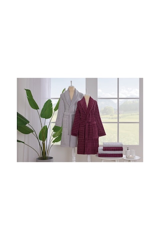 Tricot Kadife Aile Bornoz Seti %100 Pamuk 6 Parça 2 Adet Bornoz + 2 Adet Banyo Havlusu + 2 Adet El Havlusu Mürdüm