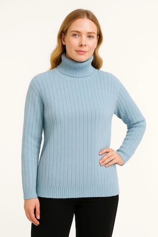 Balıkcı Yaka Bağazlı Triko Kazak Pamuklu Kalın Fitilli Dokuma - Bebek Mavisi Siyah - Gri