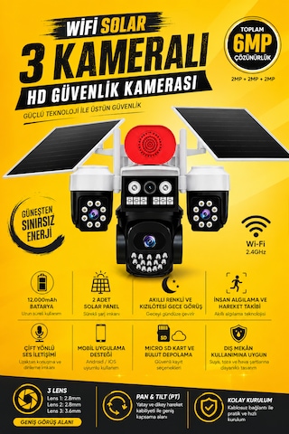 Linadex Lx-0991 Wifi Solar 3 Kameralı Hd Güvenlik Kamerası-çift Solar