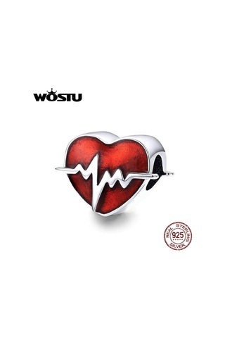 Wostu 925 Ayar Gümüş Kalp Atışı Kalp Boncuk Kırmızı Emaye Charms Fit Orijinal Bilezik Kalp Charm Gümüş