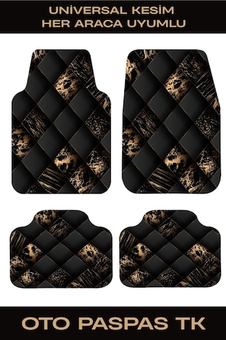 Dekoratif Oto Paspas Takımı Universal Kesim Siyah Altın Desen 4 Parça Araba Paspası