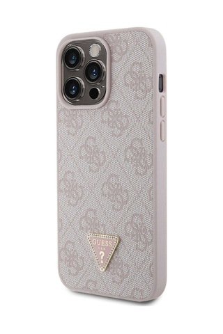 Apple Uyumlu iPhone 15 Pro Max Kılıf Guess Lisans Pu Deri Taşlı Üçgen Logo 4g Desen Strass Siyah