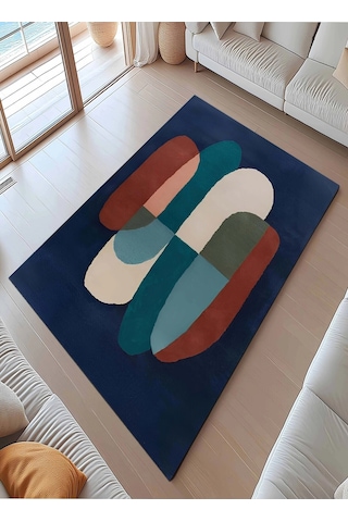 Lacivert Renkli Geometrik Desen Tasarım Modern Halı Dekoratif Kilim