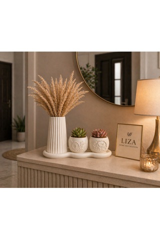 3 Lü Taş Tozu Dekoratif Vazo Seti Pampas & Sukulent Uyumlu El Yapımı Modern Set