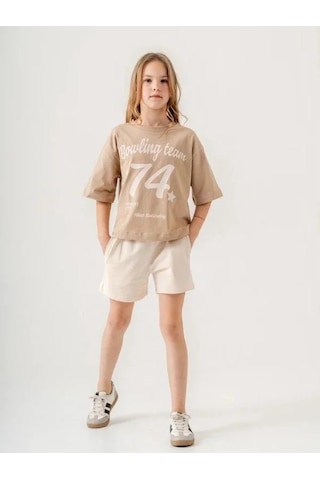 Kız Çocuk Pamuklu 74 Yazılı Şortlu Takım-15886 Bej