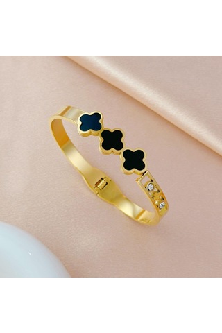 Altın Siyah Kabuk Üç Yonca Çim Kakma Pırlanta Titanyum Çelik İçi Boş Bileklik Altın